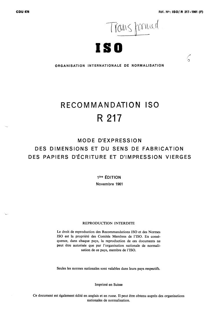 ISO/R 217:1961 - Title missing - Legacy paper document
Released:1/1/1961