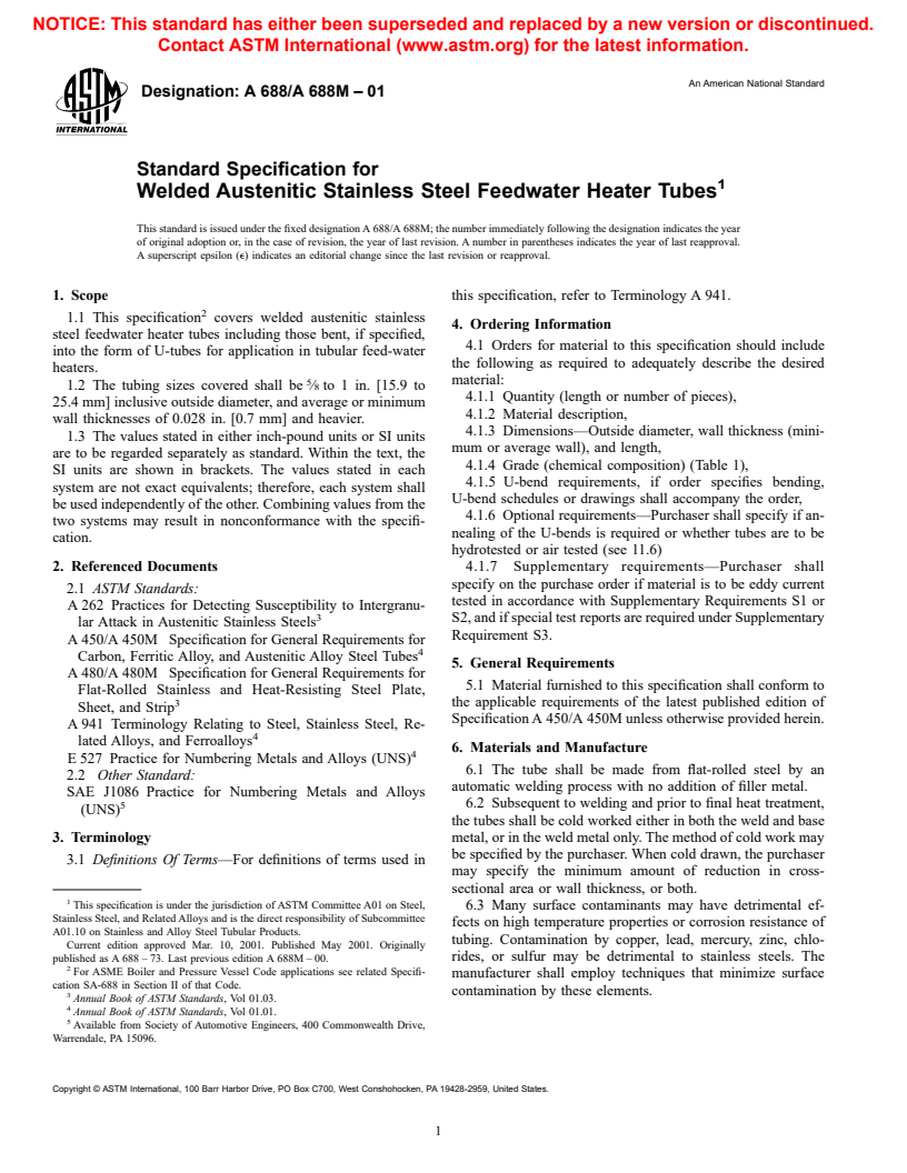 ASTM A688/A688M-01 - Standard Specification for Welded Austenitic Stainless Steel Feedwater Heater Tubes