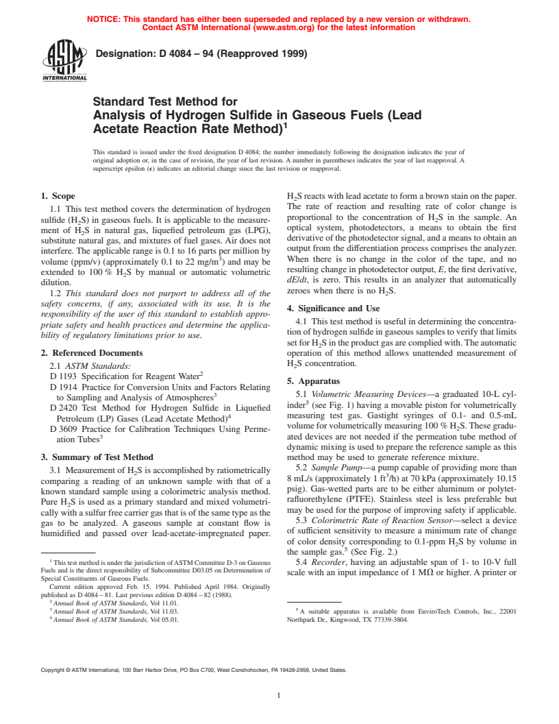 ASTM D4084-94(1999) - Standard Test Method for Analysis of Hydrogen Sulfide in Gaseous Fuels (Lead Acetate Reaction Rate Method)