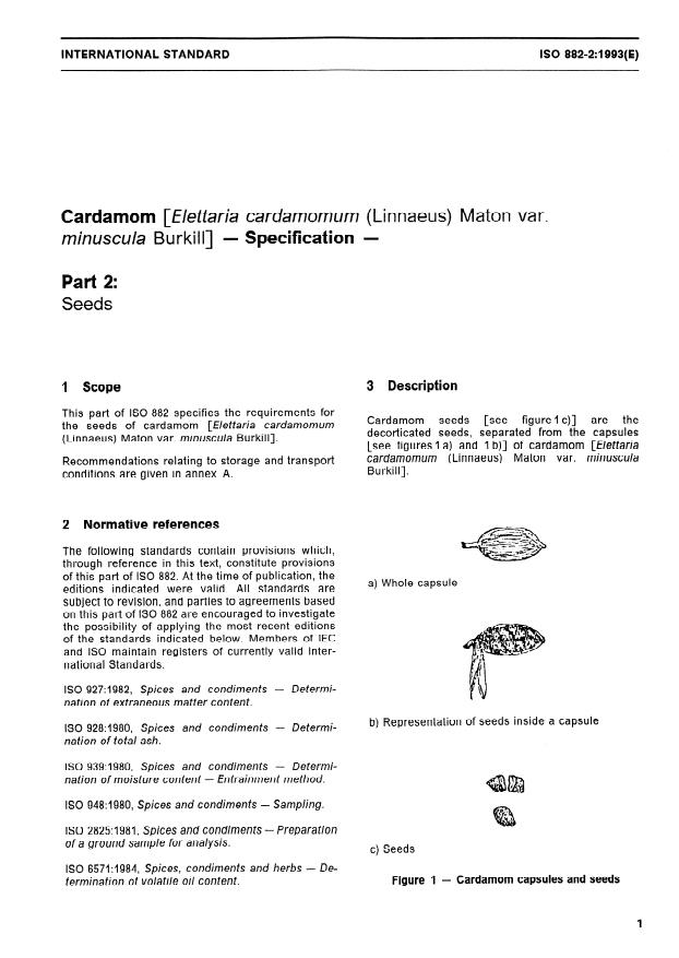 ISO 882-2:1993 - Cardamom (Elettaria cardamomum (Linnaeus) Maton var. minuscula Burkill) -- Specification