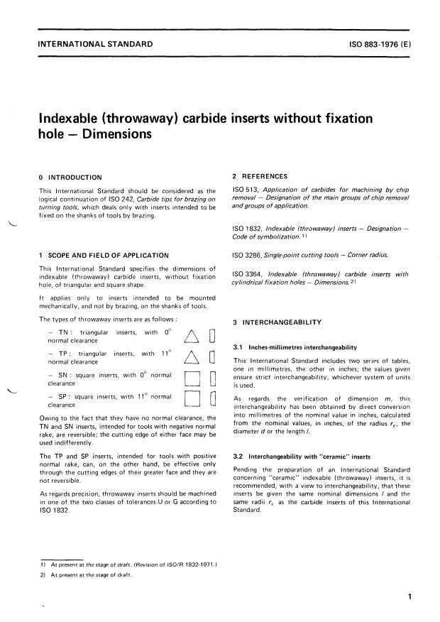 ISO 883:1976 - Indexable (throwaway) carbide inserts without fixation hole -- Dimensions