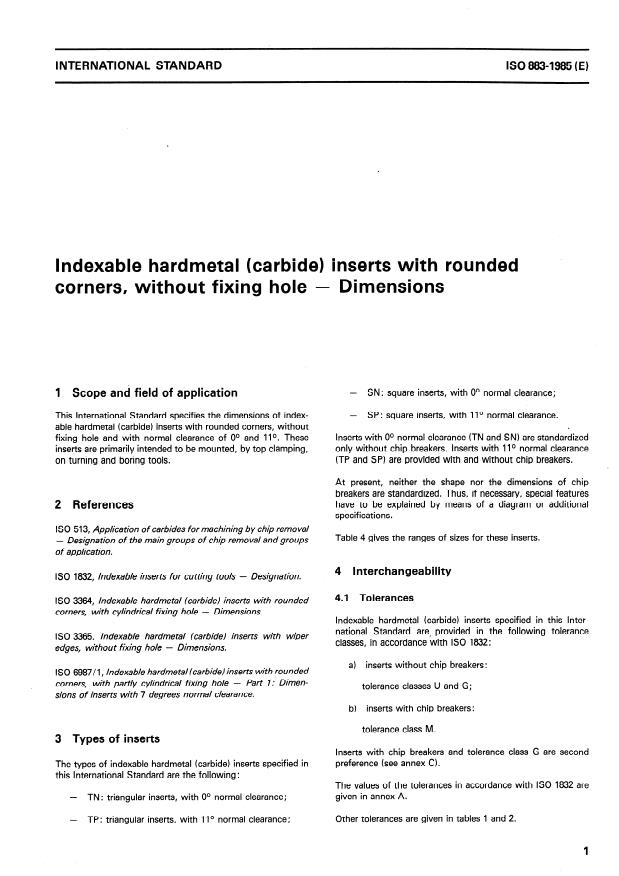 ISO 883:1985 - Indexable hardmetal (carbide) inserts with rounded corners, without fixing hole -- Dimensions
