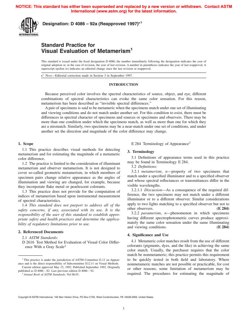 ASTM D4086-92a(1997)e1 - Standard Practice for Visual Evaluation of Metamerism