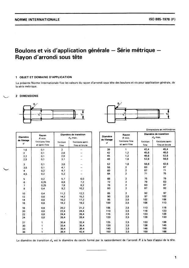 ISO 885:1976 - Boulons et vis d'application générale -- Série métrique -- Rayon d'arrondi sous tete