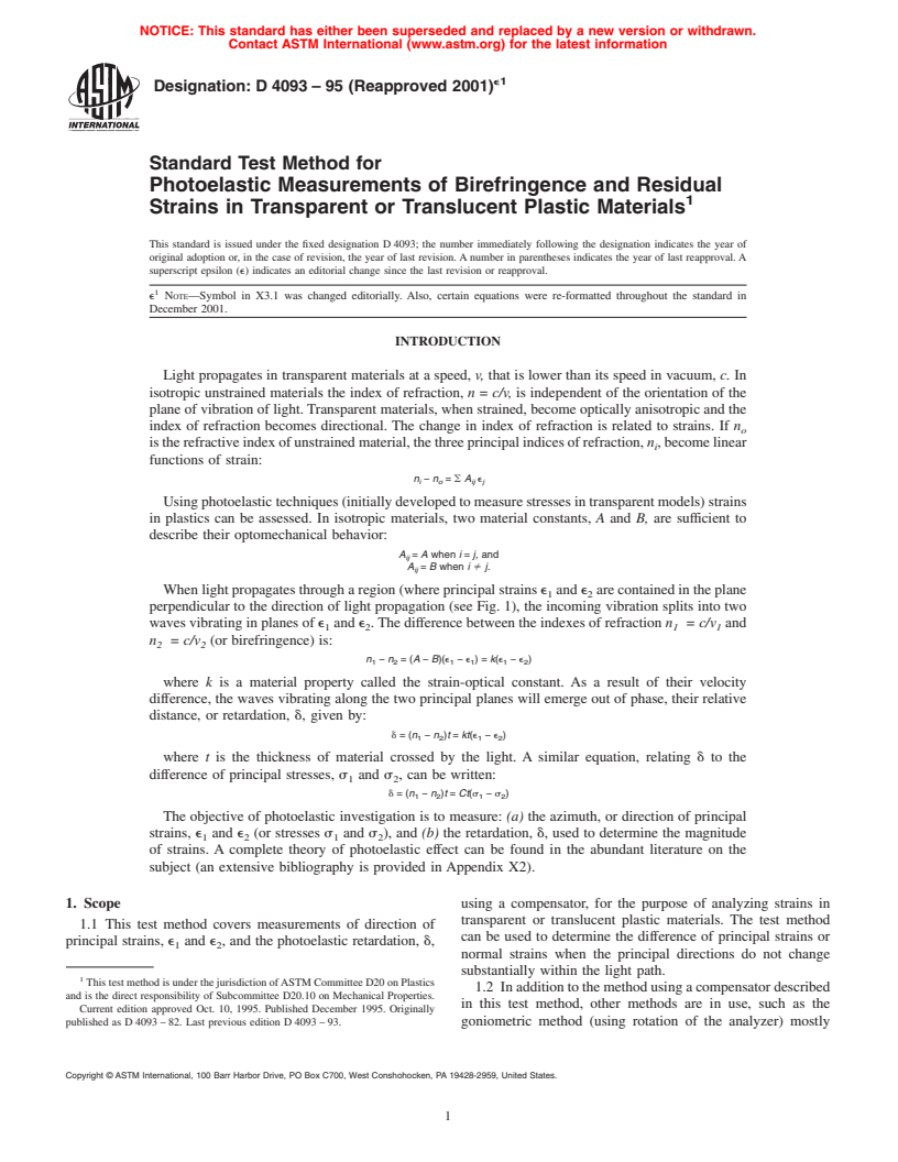 ASTM D4093-95(2001)e1 - Standard Test Method for Photoelastic Measurements of Birefringence and Residual Strains in Transparent or Translucent Plastic Materials