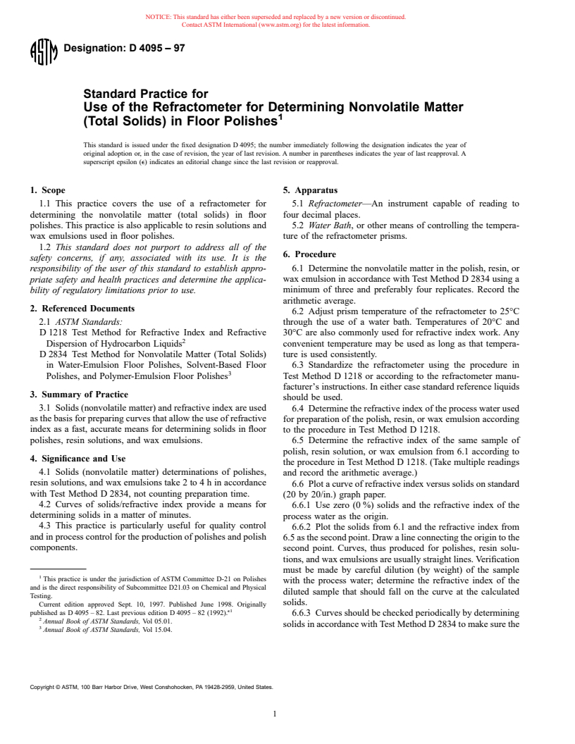 ASTM D4095-97 - Standard Practice for Use of the Refractometer for Determining Nonvolatile Matter (Total Solids) in Floor Polishes