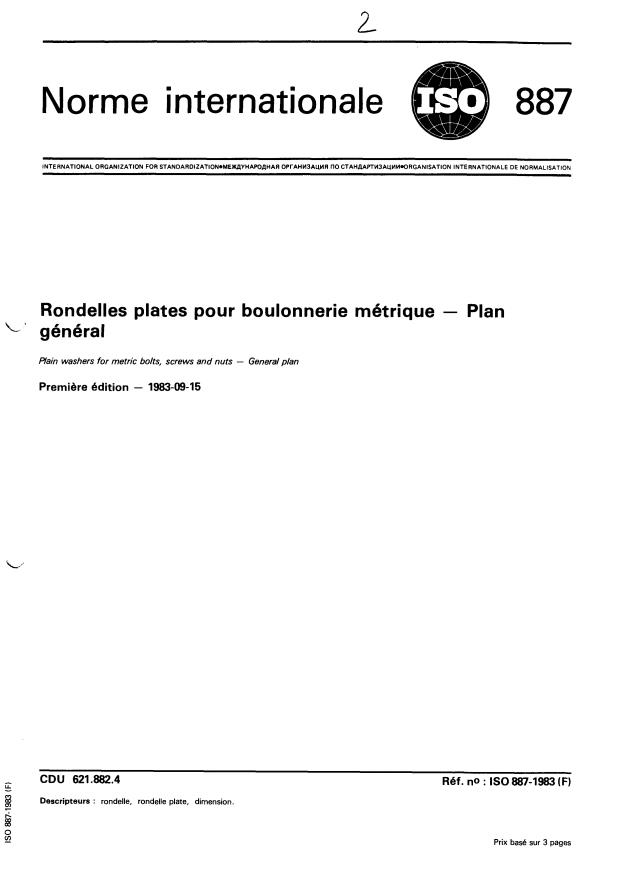 ISO 887:1983 - Rondelles plates pour boulonnerie métrique -- Plan général
