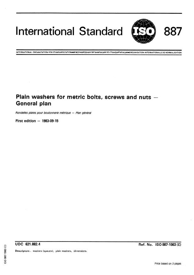ISO 887:1983 - Plain washers for metric bolts, screws and nuts -- General plan