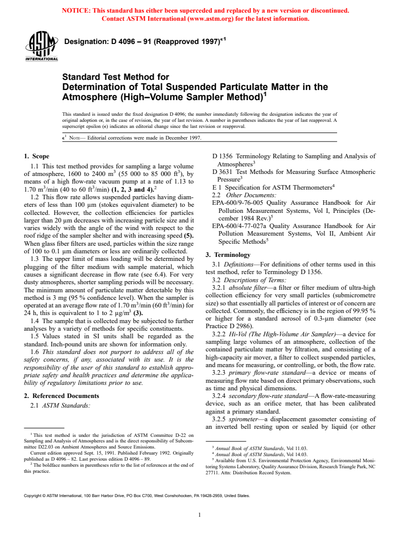 ASTM D4096-91(1997)e1 - Standard Test Method for Determination of Total Suspended Particulate Matter in the Atmosphere (High-Volume Sampler Method)