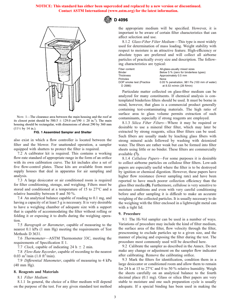 ASTM D4096-91(1997)e1 - Standard Test Method for Determination of Total Suspended Particulate Matter in the Atmosphere (High-Volume Sampler Method)