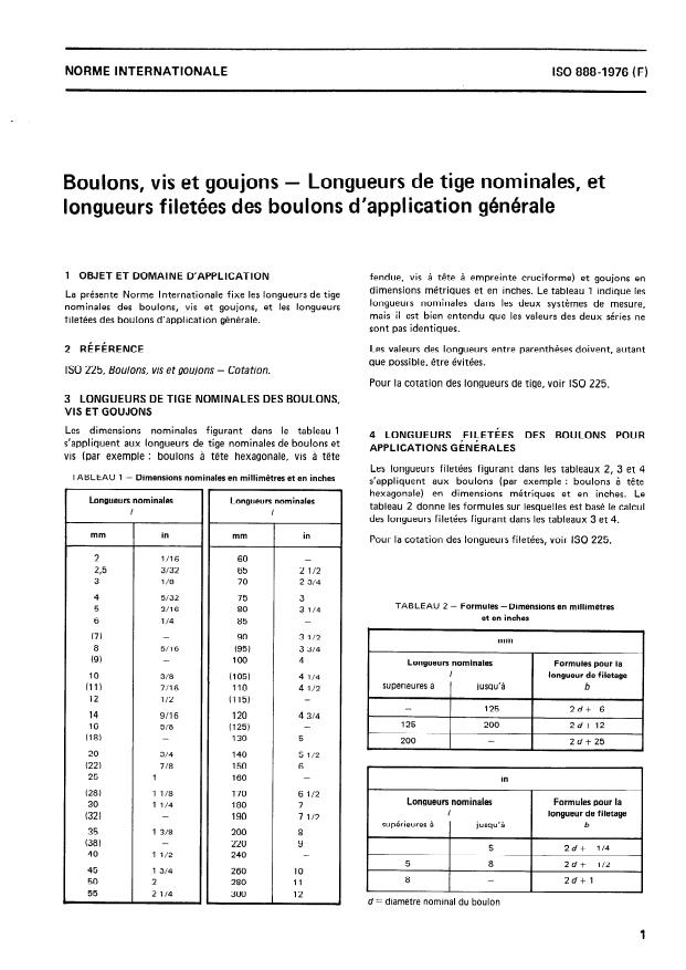 ISO 888:1976 - Boulons, vis et goujons -- Longueurs de tige nominales, et longueurs filetées des boulons d'application générale