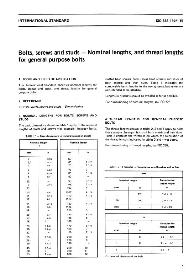 ISO 888:1976 - Bolts, screws and studs -- Nominal lengths, and thread lengths for general purpose bolts
