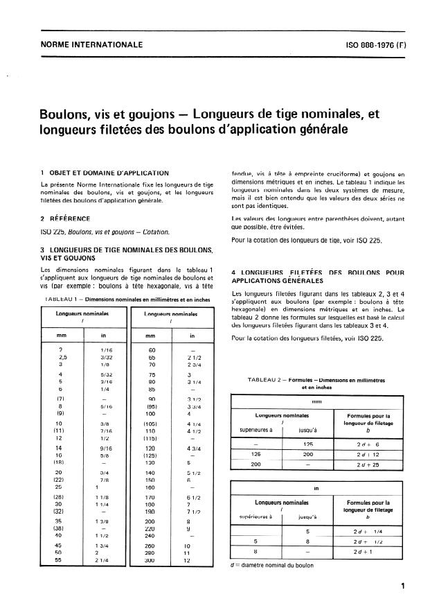 ISO 888:1976 - Boulons, vis et goujons -- Longueurs de tige nominales, et longueurs filetées des boulons d'application générale