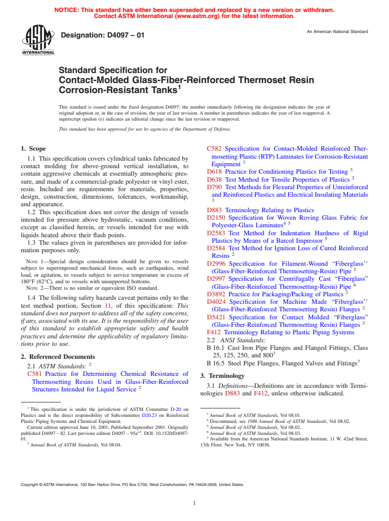 ASTM D4097-01 - Standard Specification for Contact-Molded Glass-Fiber-Reinforced Thermoset Resin Corrosion-Resistant Tanks