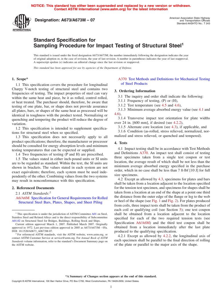 ASTM A673/A673M-07 - Standard Specification for Sampling Procedure for Impact Testing of Structural Steel