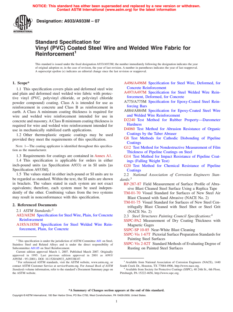 ASTM A933/A933M-07 - Standard Specification for Vinyl (PVC) Coated Steel Wire and Welded Wire Fabric for Reinforcement