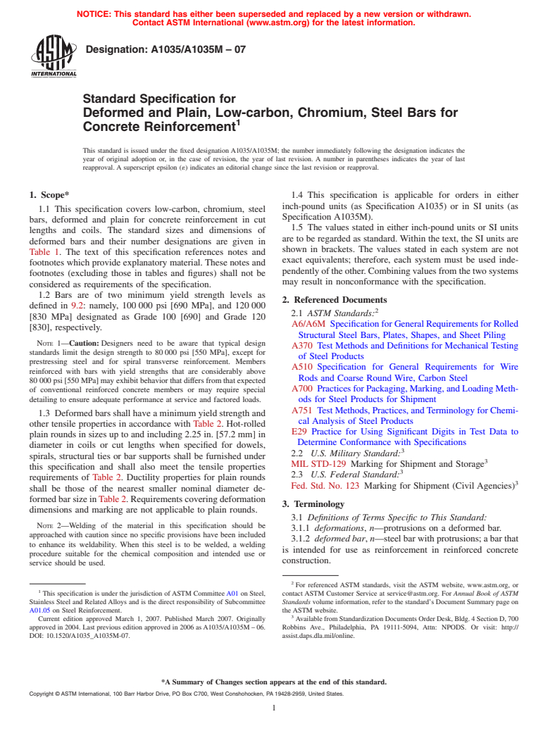 ASTM A1035/A1035M-07 - Standard Specification for Deformed and Plain, Low-carbon, Chromium, Steel Bars for Concrete Reinforcement