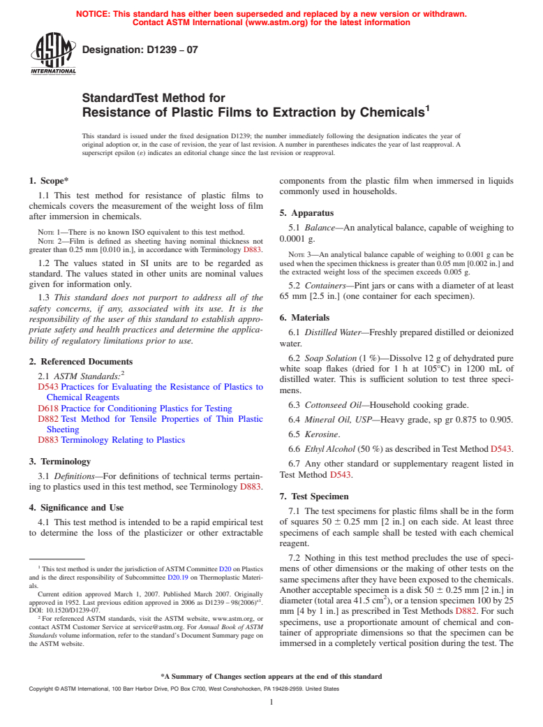 ASTM D1239-07 - Standard Test Method for Resistance of Plastic Films to Extraction by Chemicals