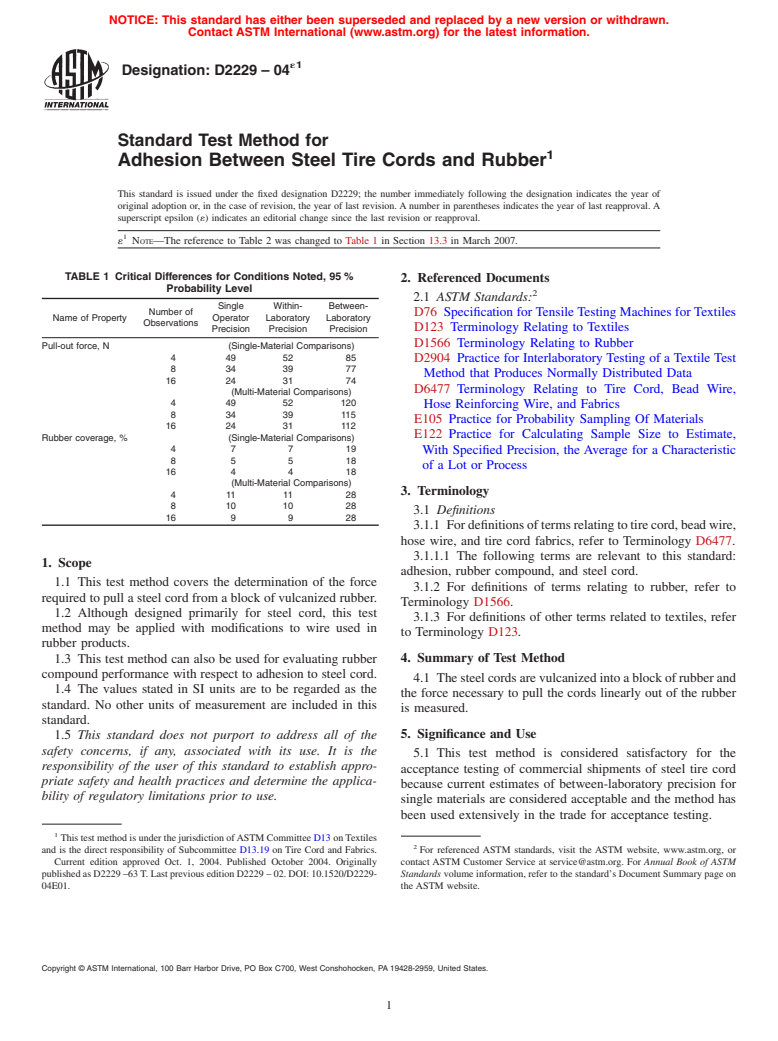 ASTM D2229-04e1 - Standard Test Method for Adhesion Between Steel Tire Cords and Rubber