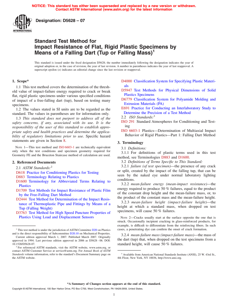 ASTM D5628-07 - Standard Test Method for Impact Resistance of Flat, Rigid Plastic Specimens by Means of a Falling Dart (Tup or Falling Mass)