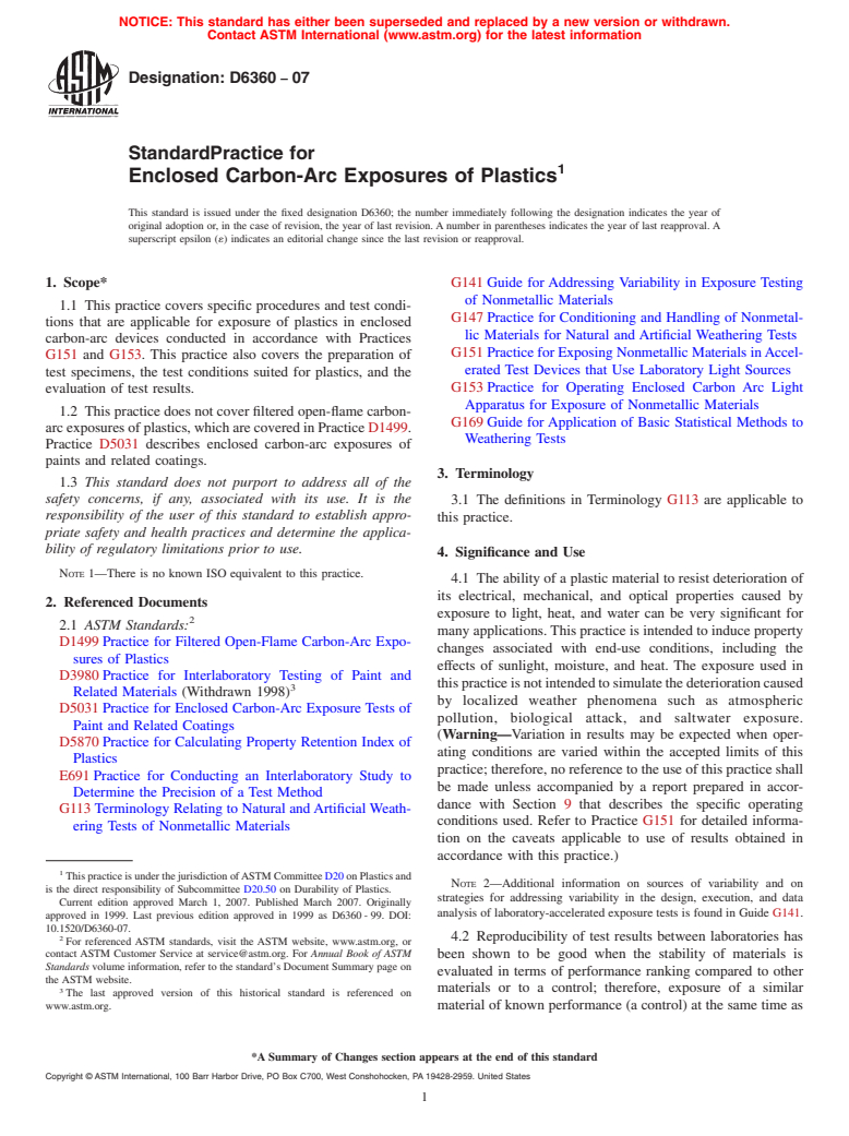 ASTM D6360-07 - Standard Practice for Enclosed Carbon-Arc Exposures of Plastics