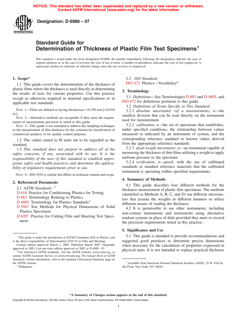 ASTM D6988-07 - Standard Guide for Determination of Thickness of Plastic Film Test Specimens