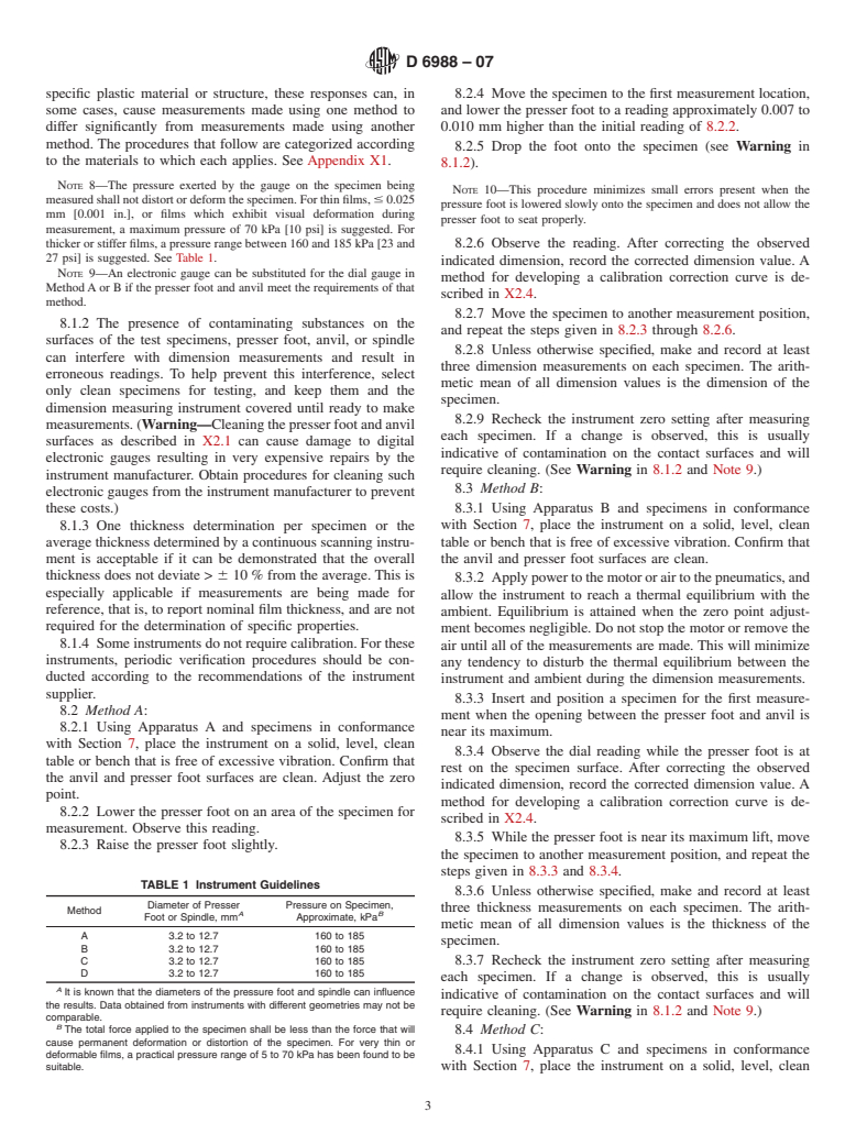 ASTM D6988-07 - Standard Guide for Determination of Thickness of Plastic Film Test Specimens