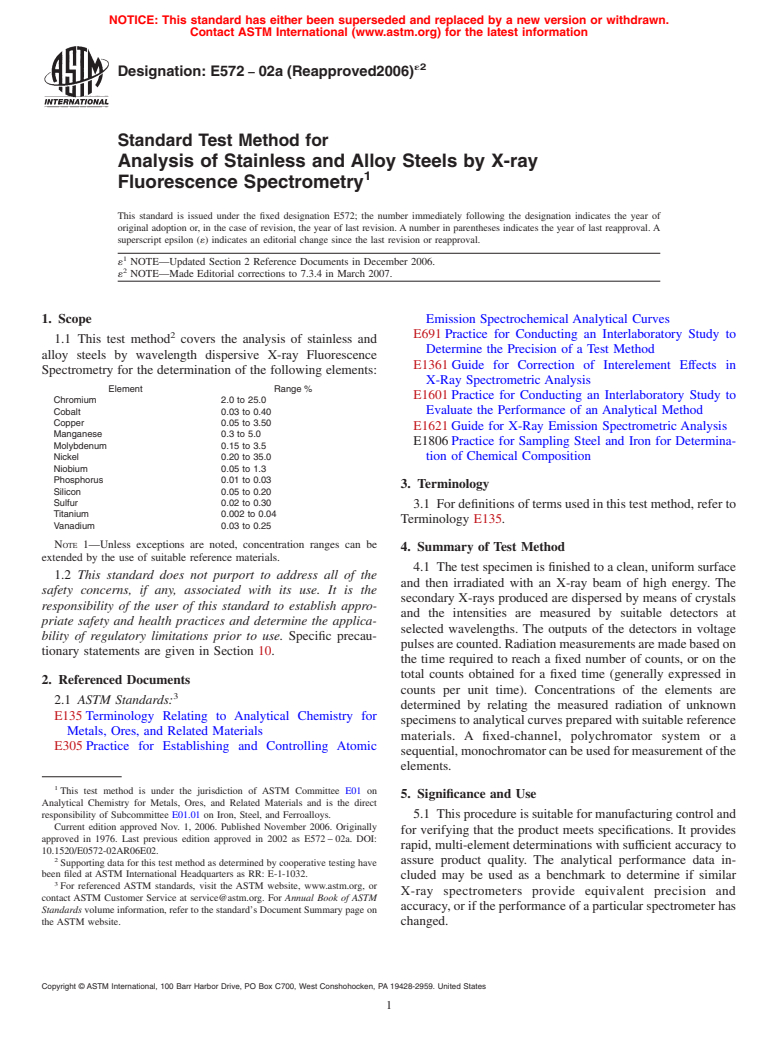 ASTM E572-02a(2006)e2 - Standard Test Method for Analysis of Stainless and Alloy Steels by X-ray Fluorescence Spectrometry