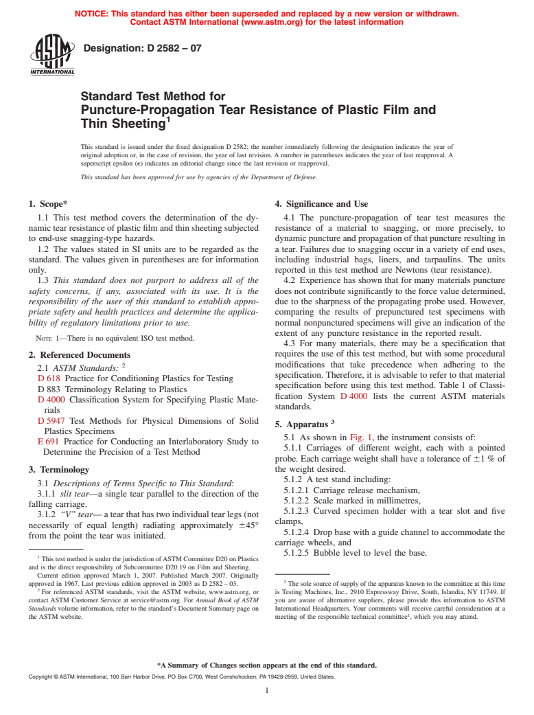 ASTM D2582-07 - Standard Test Method for Puncture-Propagation Tear Resistance of Plastic Film and Thin Sheeting