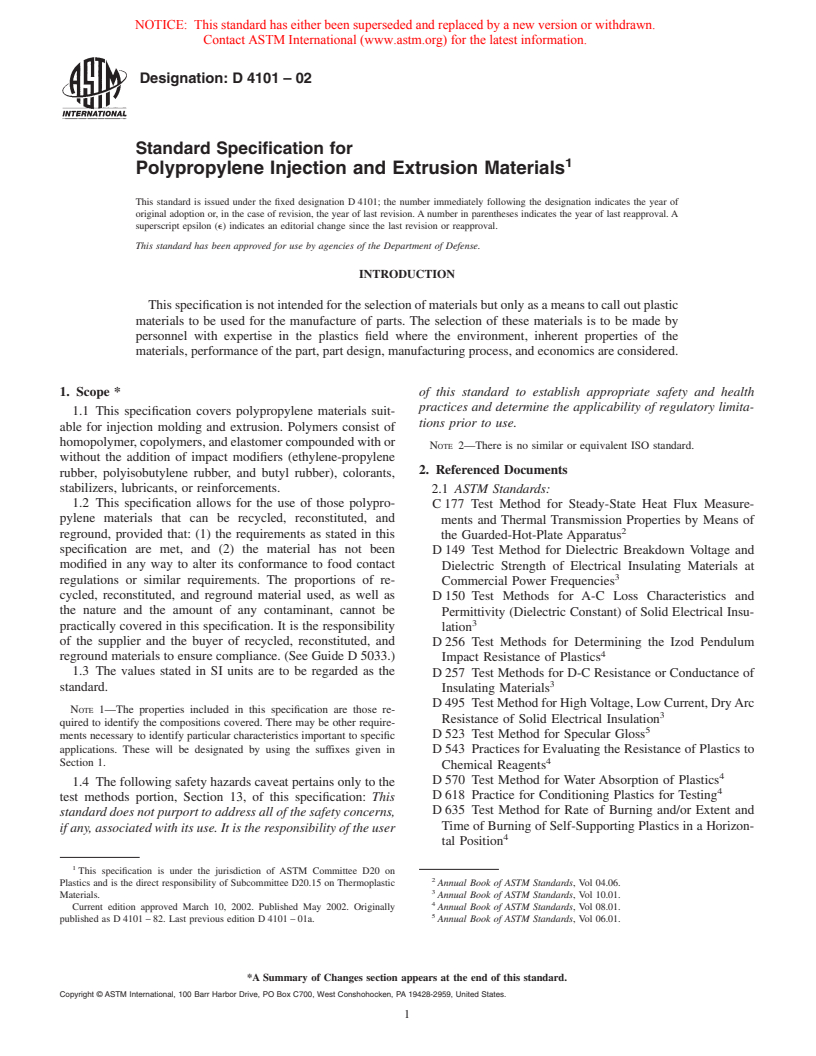 ASTM D4101-02 - Standard Specification for Polypropylene Injection and Extrusion Materials