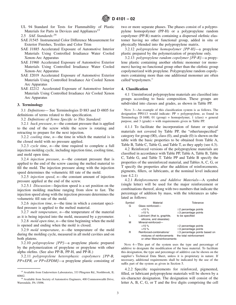 ASTM D4101-02 - Standard Specification for Polypropylene Injection and Extrusion Materials