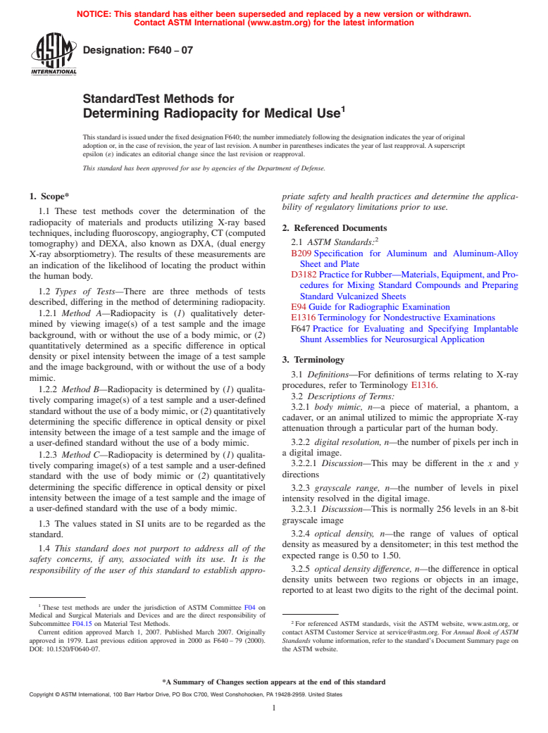 ASTM F640-07 - Standard Test Methods for Determining Radiopacity for Medical Use