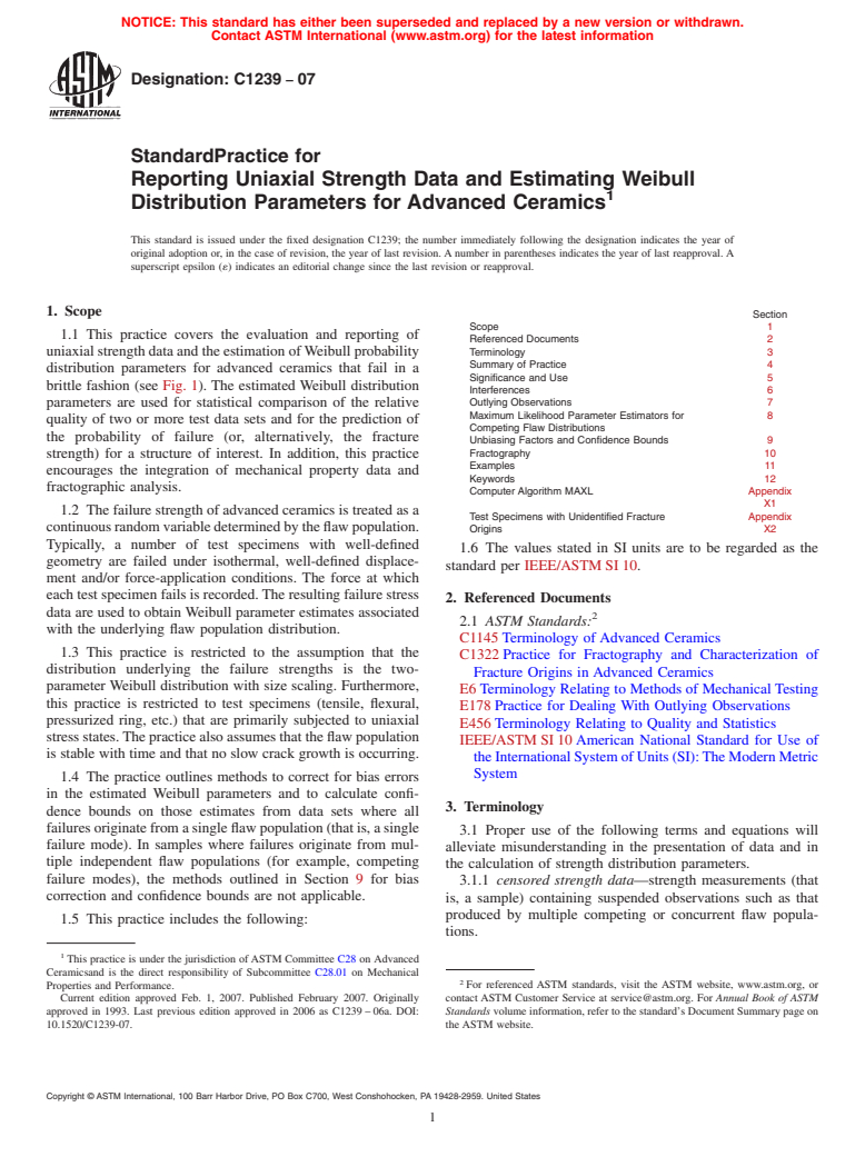 ASTM C1239-07 - Standard Practice for Reporting Uniaxial Strength Data and Estimating Weibull Distribution Parameters for Advanced Ceramics