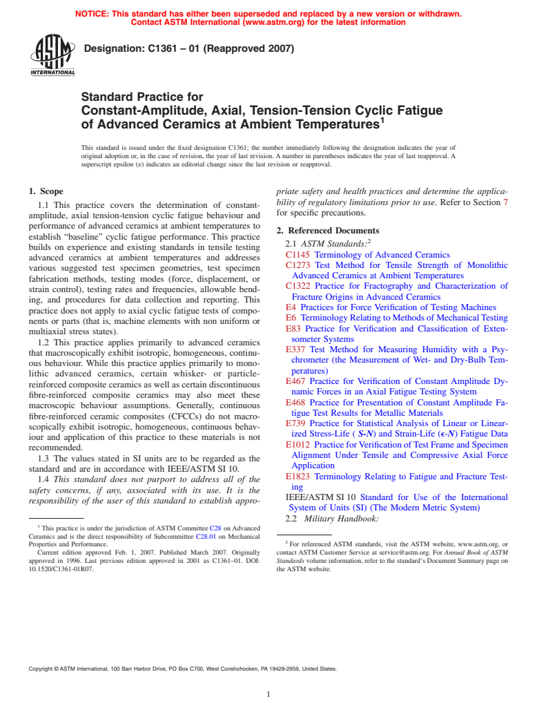 ASTM C1361-01(2007) - Standard Practice for Constant-Amplitude, Axial, Tension-Tension Cyclic Fatigue of Advanced Ceramics at Ambient Temperatures