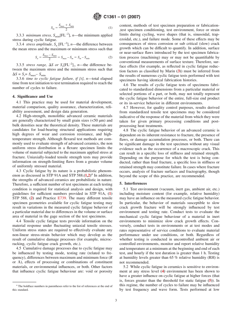 ASTM C1361-01(2007) - Standard Practice for Constant-Amplitude, Axial, Tension-Tension Cyclic Fatigue of Advanced Ceramics at Ambient Temperatures