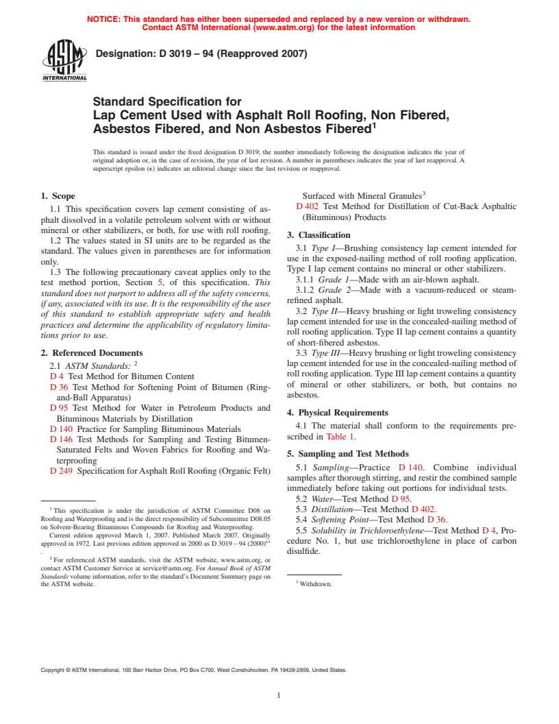 ASTM D3019-94(2007) - Standard Specification for Lap Cement Used with Asphalt Roll Roofing, Non Fibered, Asbestos Fibered, and Non Asbestos Fibered