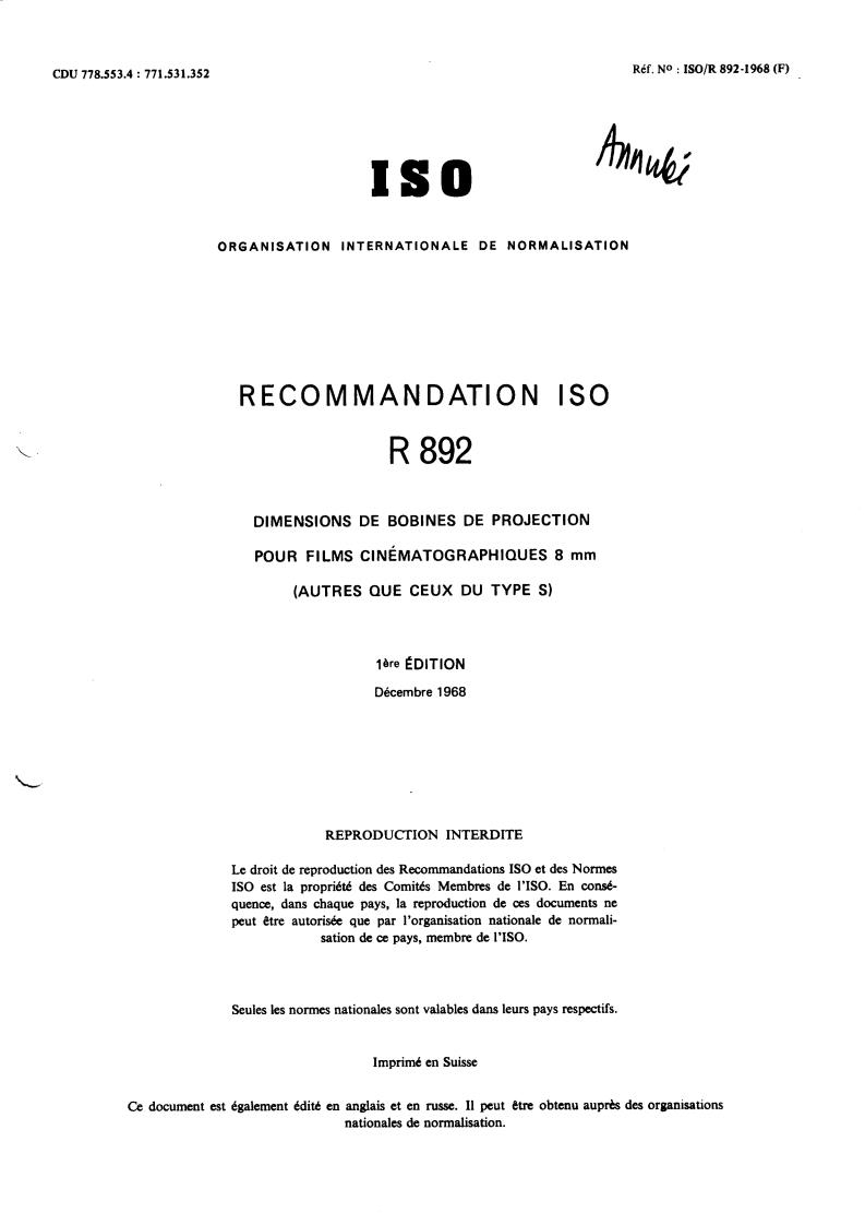 ISO/R 892:1968 - Withdrawal of ISO/R 892-1968
Released:12/1/1968