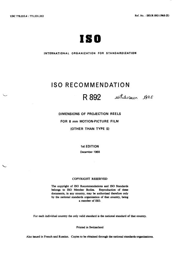 ISO/R 892:1968 - Withdrawal of ISO/R 892-1968