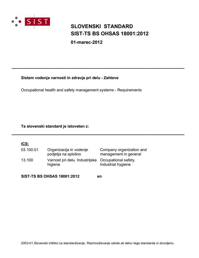 TS BS OHSAS 18001:2012 - -TS BS OHSAS 18001:2012 je nadomeščen s SIST ISO 45001:2018