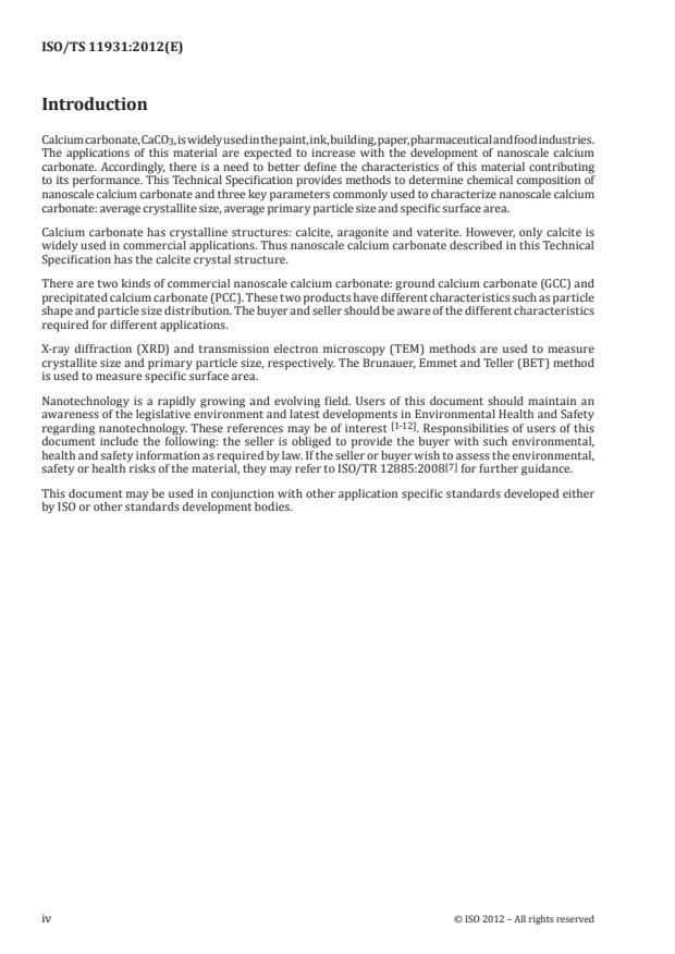 ISO/TS 11931:2012 ISO/TS 11931:2012 - Nanotechnologies -- Nanoscale calcium carbonate in powder form -- Characteristics and measurement - Page 4 preview