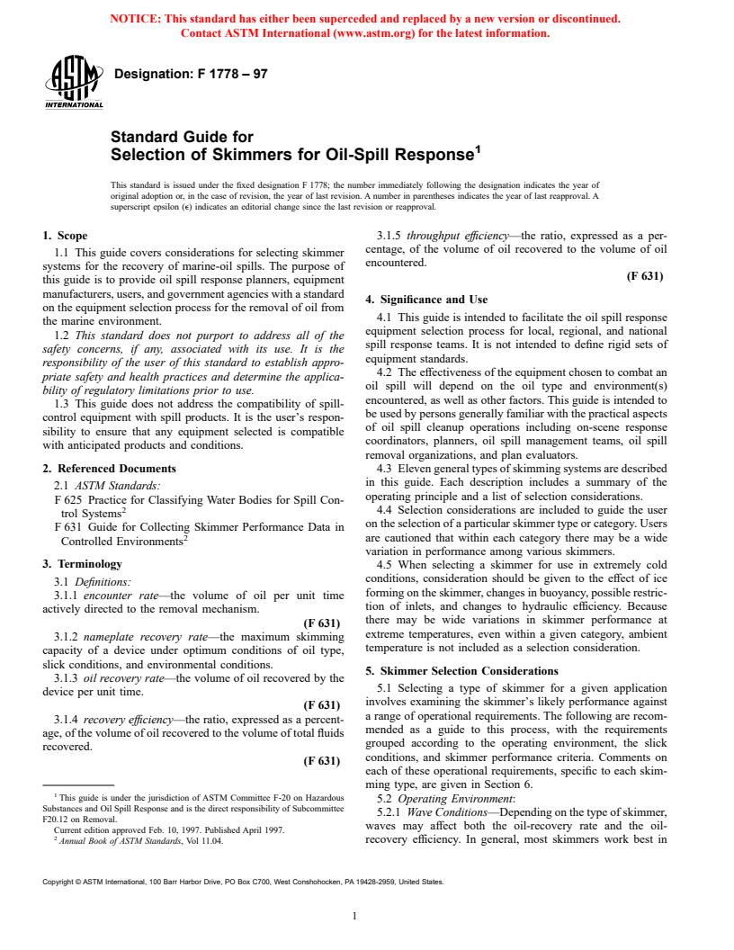 ASTM F1778-97 - Standard Guide for Selection of Skimmers for Oil-Spill Response