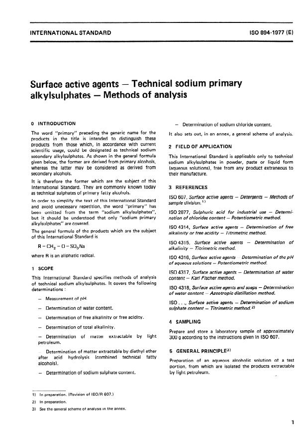 ISO 894:1977 - Surface active agents -- Technical sodium primary alkylsulphates -- Methods of analysis