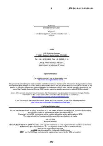 SIST EN 319 401 V2.2.1:2018 ETSI EN 319 401 V2.2.1 (2018-04) - Electronic Signatures and Infrastructures (ESI); General Policy Requirements for Trust Service Providers - Page 2 preview