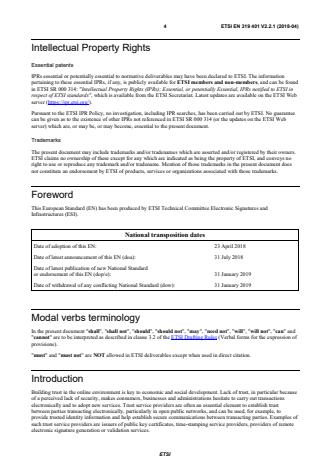 SIST EN 319 401 V2.2.1:2018 ETSI EN 319 401 V2.2.1 (2018-04) - Electronic Signatures and Infrastructures (ESI); General Policy Requirements for Trust Service Providers - Page 4 preview