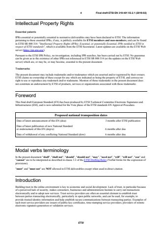 SIST EN 319 401 V2.2.1:2018 ETSI EN 319 401 V2.2.1 (2018-02) - Electronic Signatures and Infrastructures (ESI); General Policy Requirements for Trust Service Providers - Page 4 preview