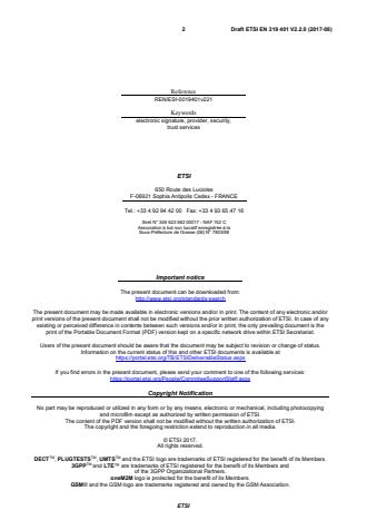 SIST EN 319 401 V2.2.1:2018 ETSI EN 319 401 V2.2.0 (2017-08) - Electronic Signatures and Infrastructures (ESI); General Policy Requirements for Trust Service Providers - Page 2 preview