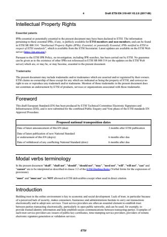 SIST EN 319 401 V2.2.1:2018 ETSI EN 319 401 V2.2.0 (2017-08) - Electronic Signatures and Infrastructures (ESI); General Policy Requirements for Trust Service Providers - Page 4 preview