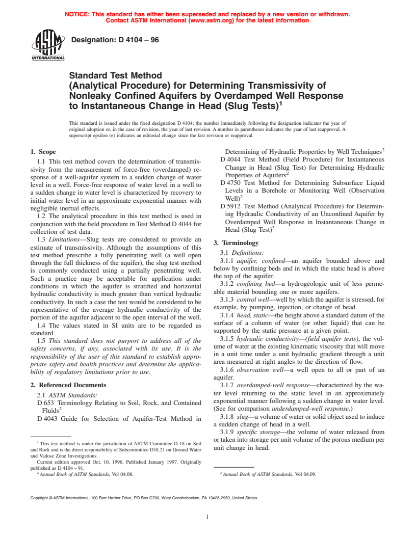 ASTM D4104-96 - Standard Test Method (Analytical Procedure) for Determining Transmissivity of Nonleaky Confined Aquifers by Overdamped Well Response to Instantaneous Change in Head (Slug Tests)