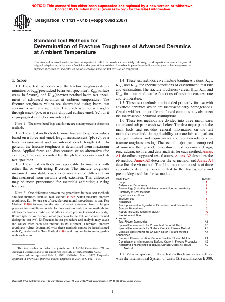 ASTM C1421-01b(2007) - Standard Test Methods for Determination of Fracture Toughness of Advanced Ceramics at Ambient Temperature