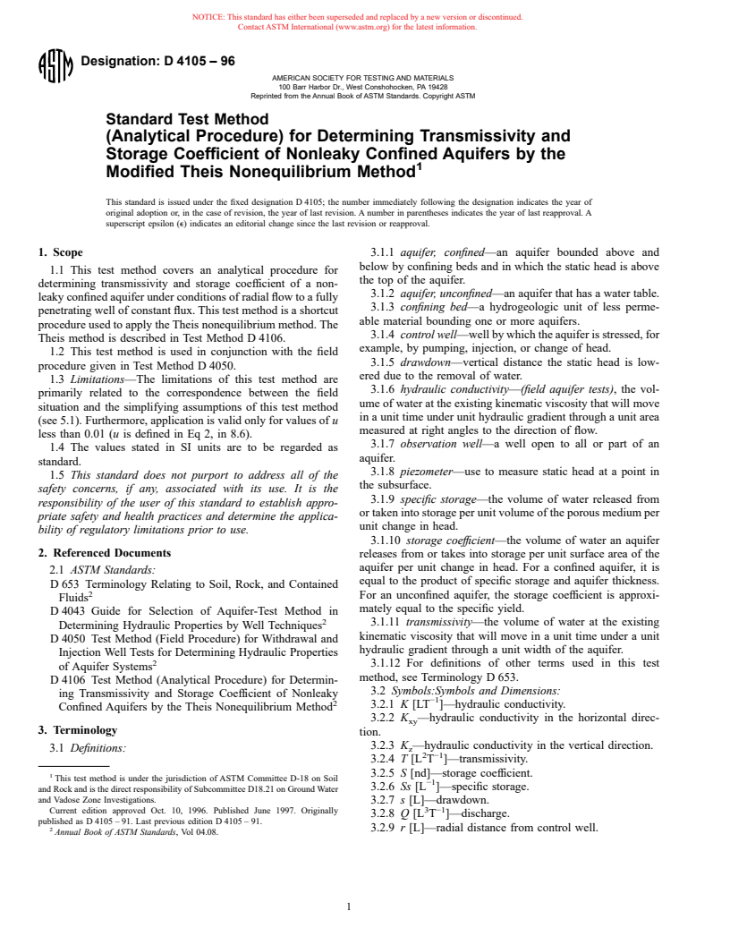 ASTM D4105-96 - Standard Test Method (Analytical Procedure) for Determining Transmissivity and Storage Coefficient of Nonleaky Confined Aquifers by the Modified Theis Nonequilibrium Method